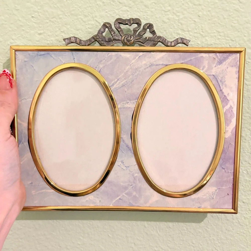 Burnes Vintage Double Picture Frame Marbled Blue Purple Gold‎ Tone Bow Detail